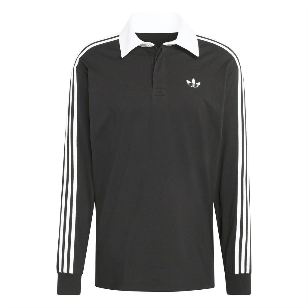 Black long-sleeve polo shirt with white adidas logo, collar, and three side stripes