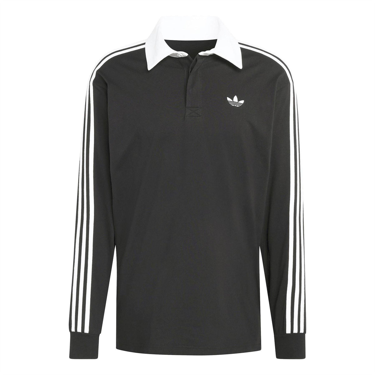 Black long-sleeve polo shirt with white adidas logo, collar, and three side stripes