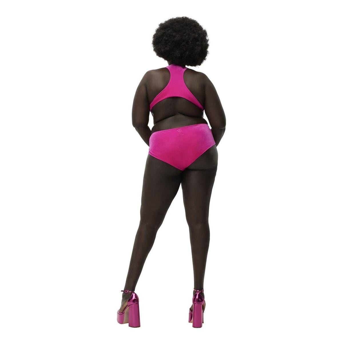 Pink one-piece swimsuit back view with V-cut back and high waist
