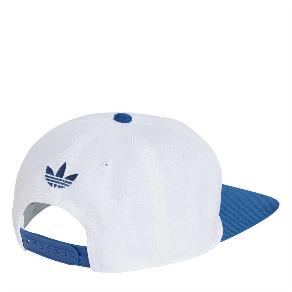 White-and-blue snapback cap with embroidered adidas trefoil logo on front