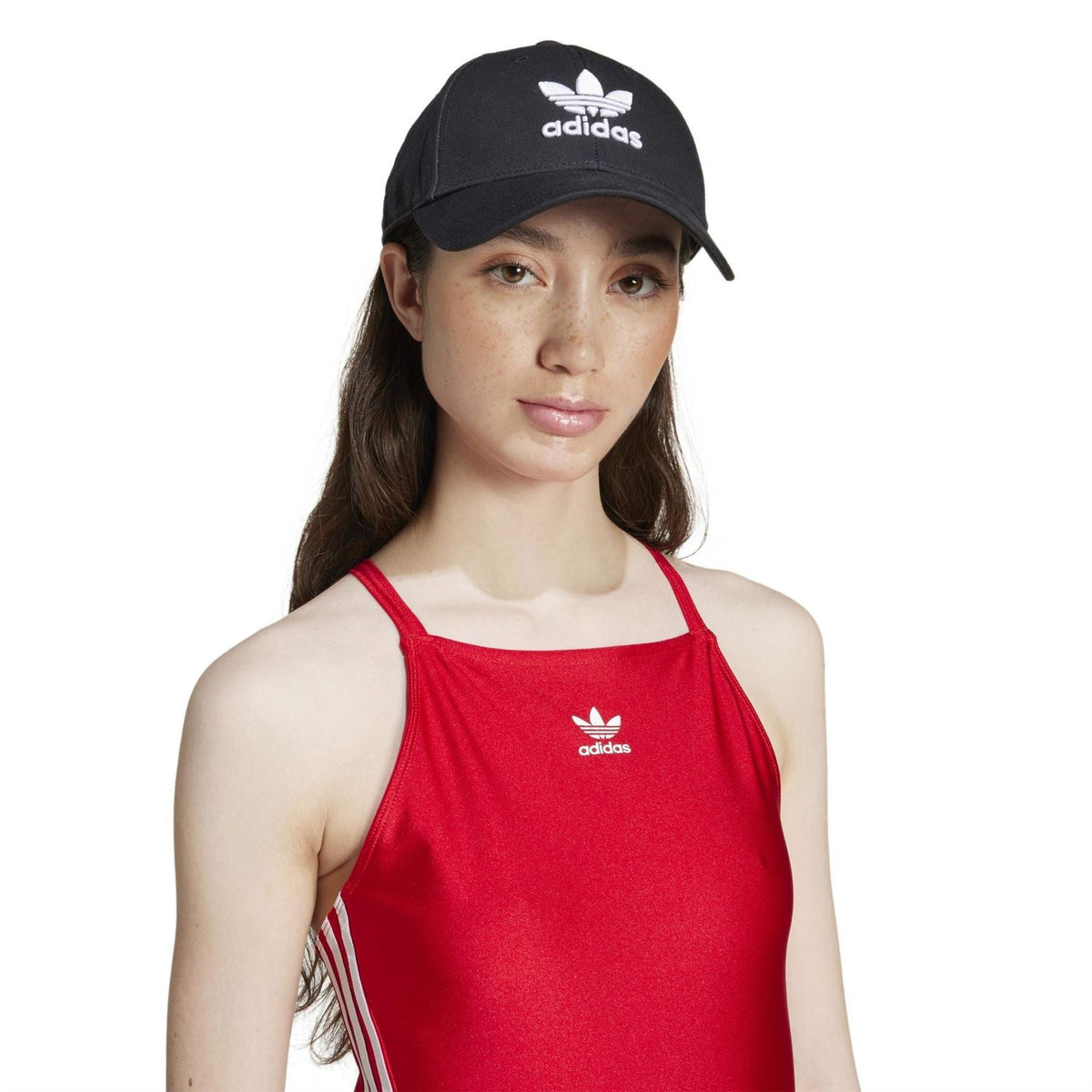 Red adidas Originals 3 Stripes bodysuit front with logo at chest