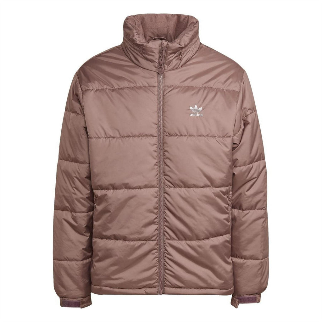 Burgundy padded puffer jacket, front view with hood, full zipper and adidas logo