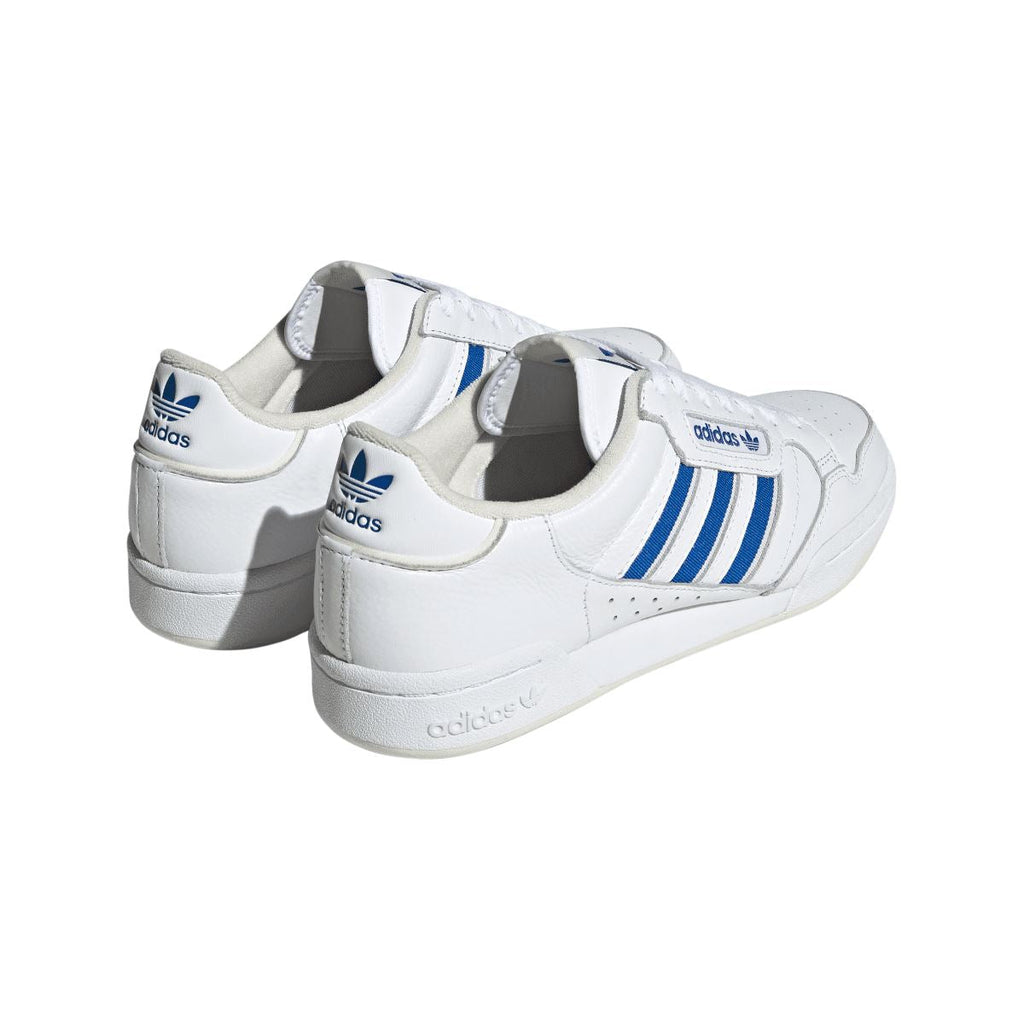 White adidas Continental 80 trainers, heel and side view with adidas mark and blue stripes