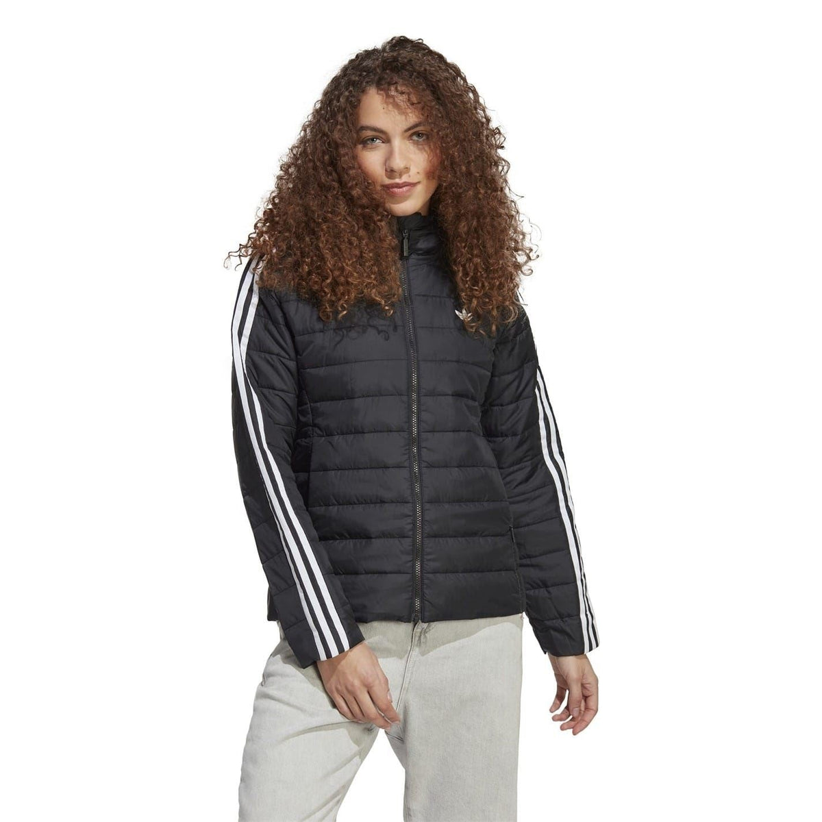 Black hooded slim-fit puffer jacket with full-zip front and white sleeve stripes