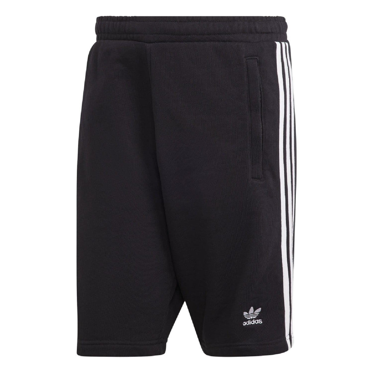 Black sweat shorts with elastic waistband, adidas logo, and white 3-stripe side panels