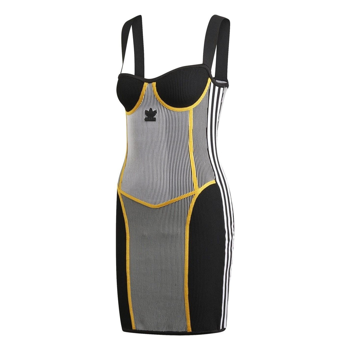 adidas Originals knit mini corsetry dress, sweetheart neckline, black knit with white panels