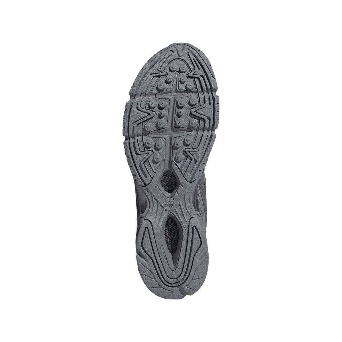 Grey rubber outsole with deep tread pattern and traction grooves
