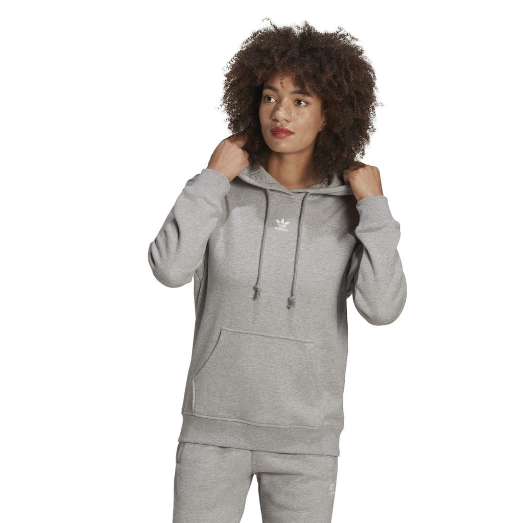 Grey heather pullover hoodie with adjustable hood drawstrings and kangaroo pocket