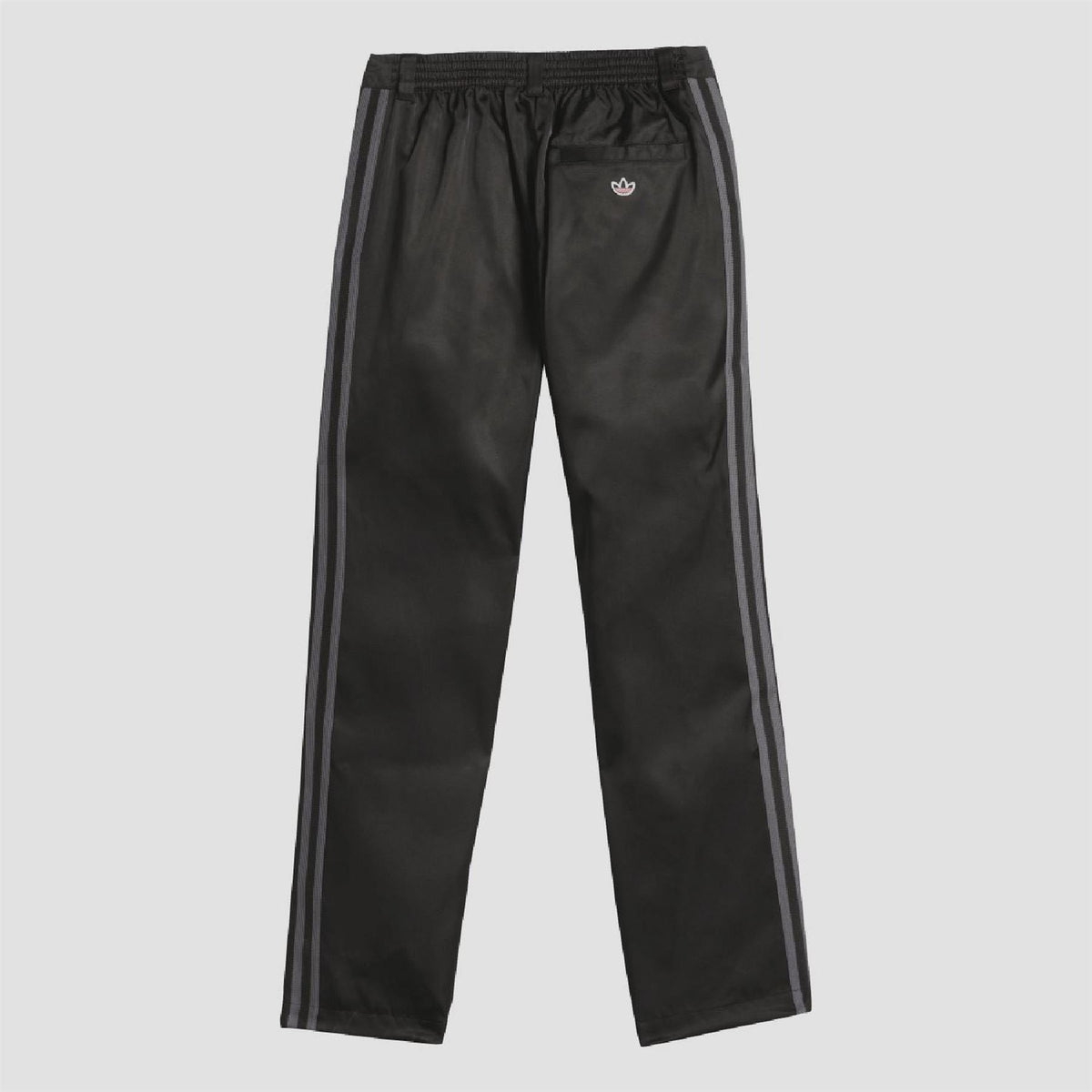 Black track pants with elastic waistband and twin side stripe accents