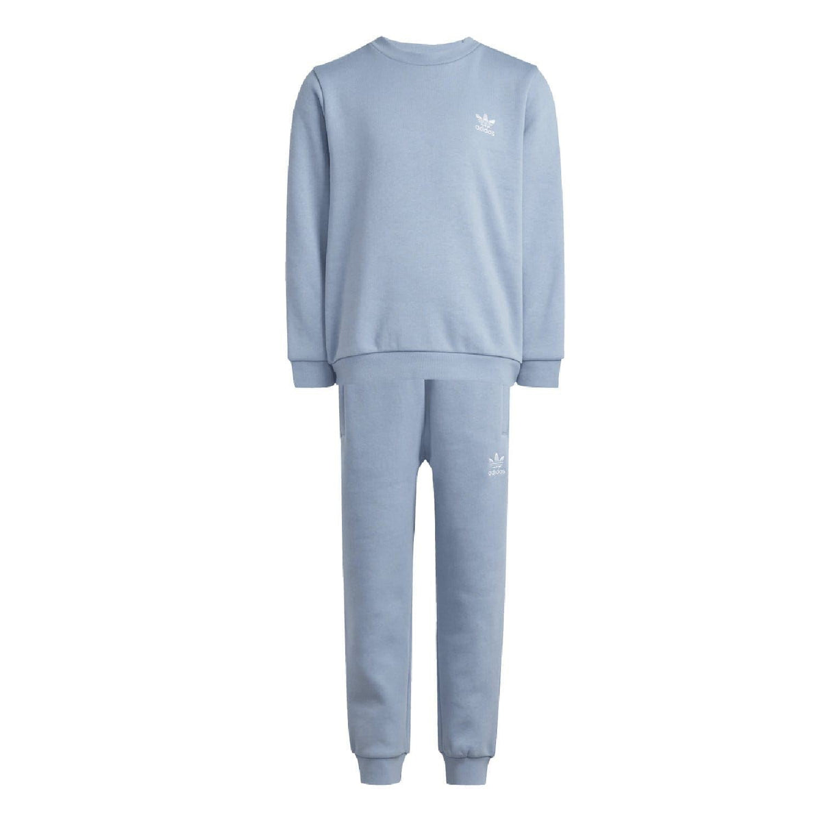 Light blue infant adidas Originals crew sweatshirt and joggers, back view set.