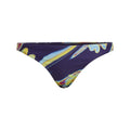 Purple and blue abstract patterned bikini bottom with low-rise cut