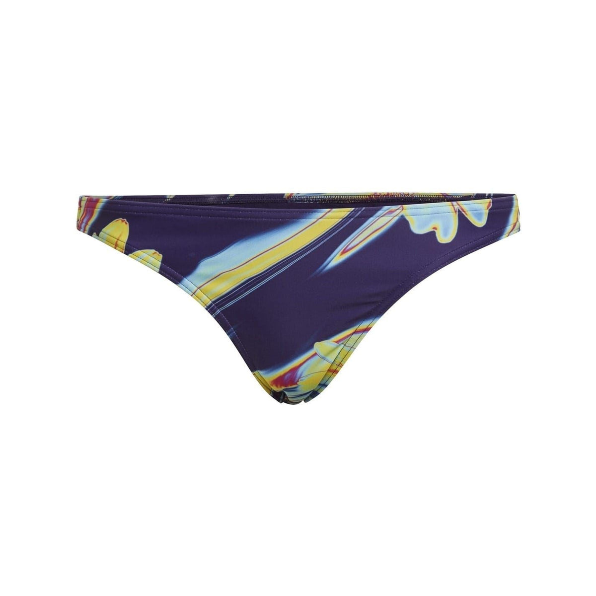 Purple and blue abstract patterned bikini bottom with low-rise cut