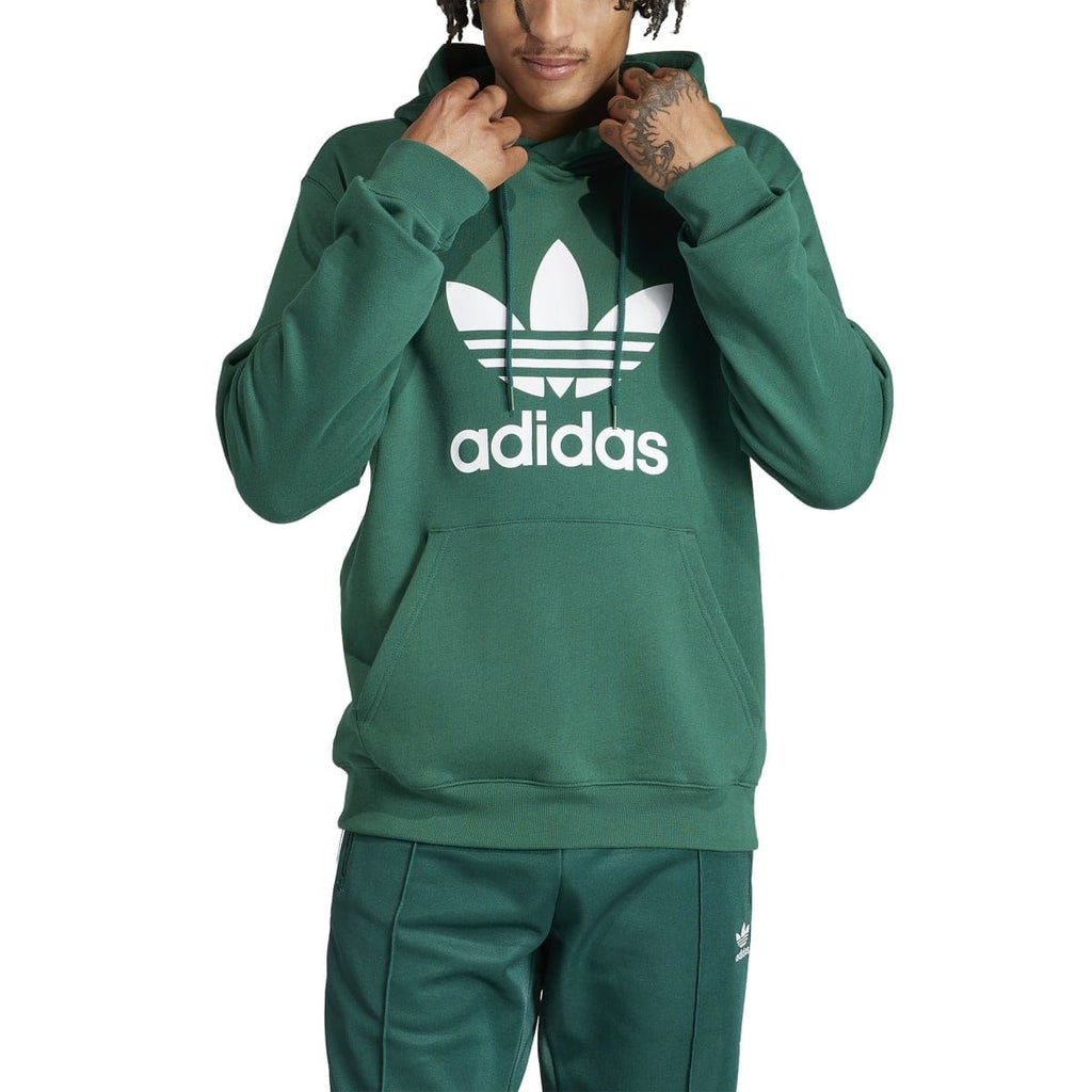 Green hooded sweatshirt with oversized trefoil adidas graphic and kangaroo pocket