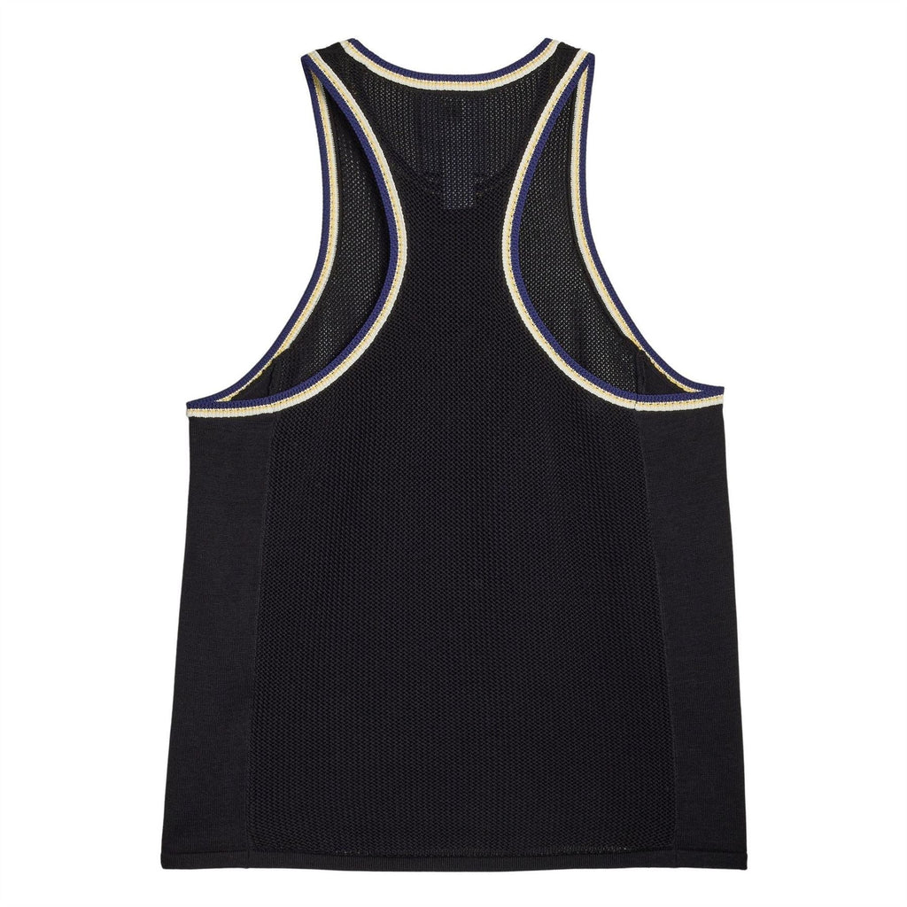 Black knit tank top with contrast piping at neck and armholes