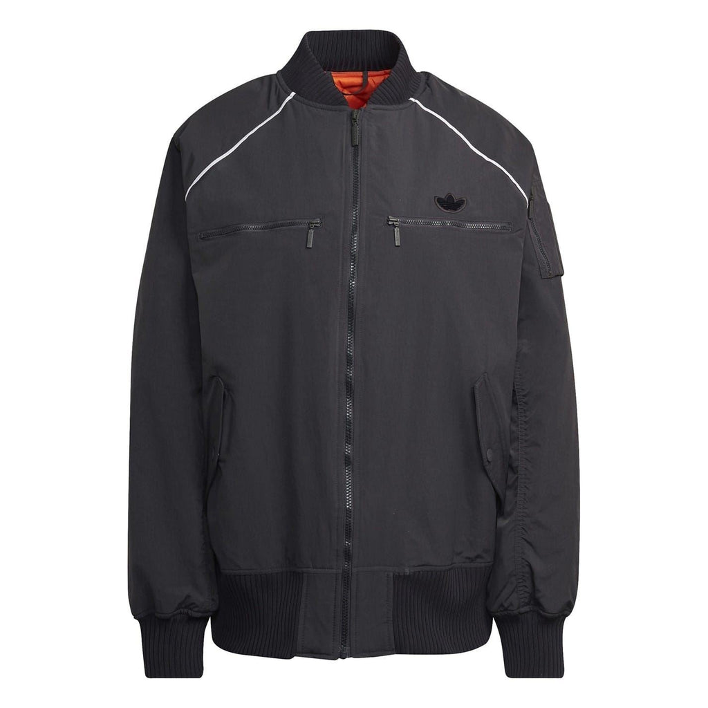 Dark zip-up bomber jacket with ribbed collar, hem, and cuffs; full front zipper.