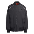 Dark zip-up bomber jacket with ribbed collar, hem, and cuffs; full front zipper.
