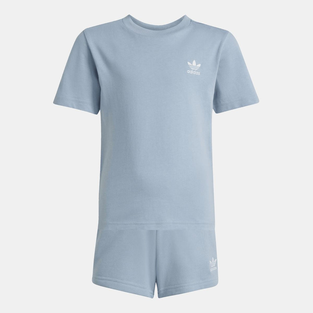 Light blue adidas crew-neck T-shirt with chest logo, matching shorts in same color.