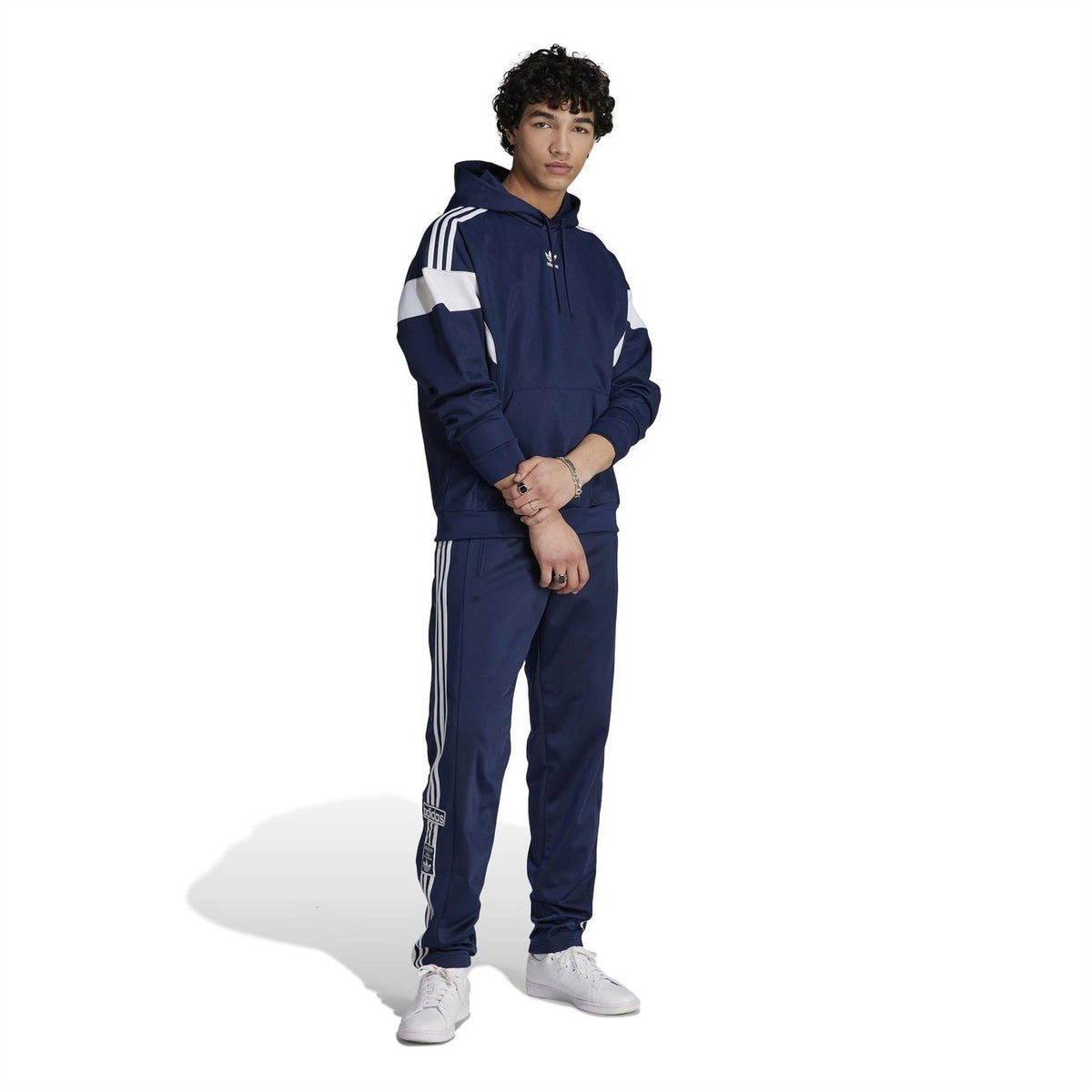 Navy hooded pullover sweatshirt with white shoulder stripes and drawstring hood
