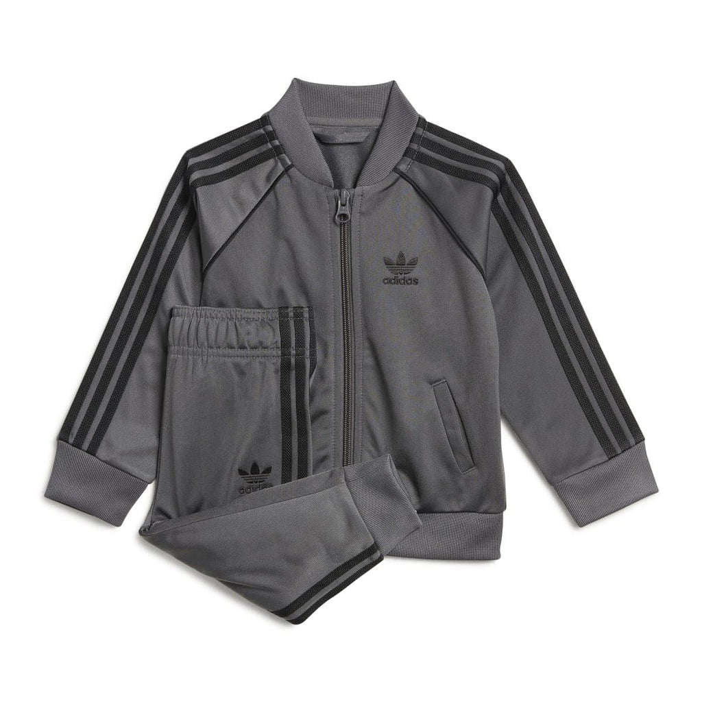 adidas Originals infants grey tracksuit: zip-up jacket with striped sleeves and jogger pants