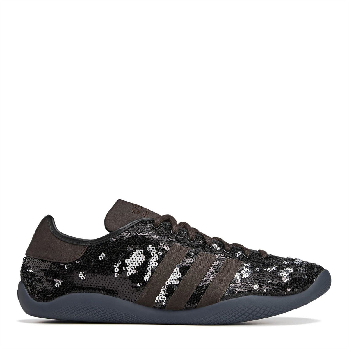 Core Black sequin low-top sneakers with three stripe overlays and dark rubber sole