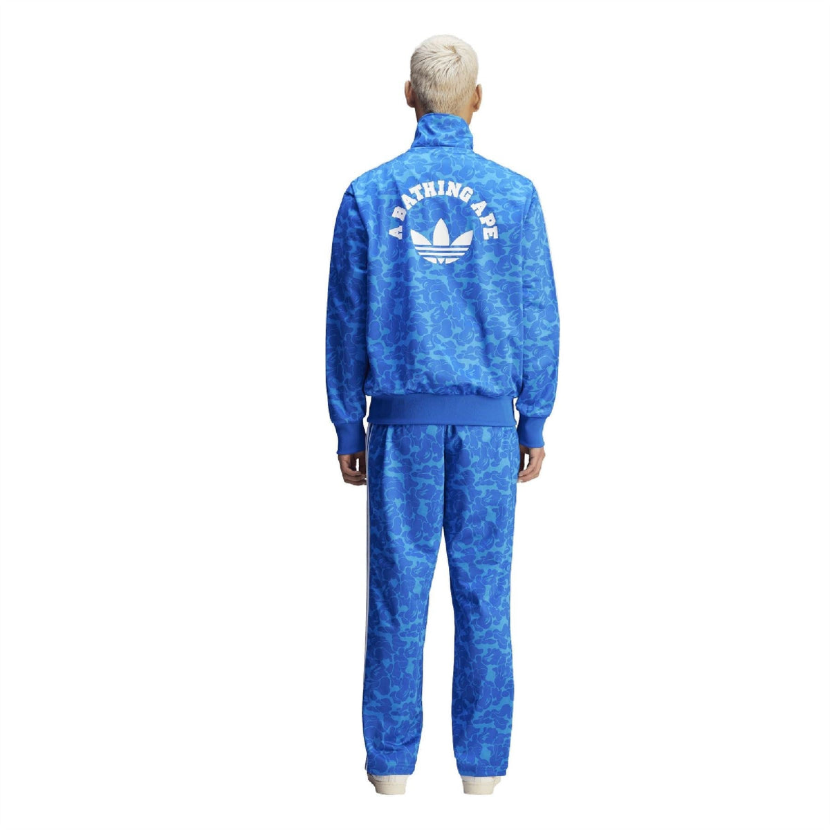 Back view of blue camouflage track pants with white triple side stripes