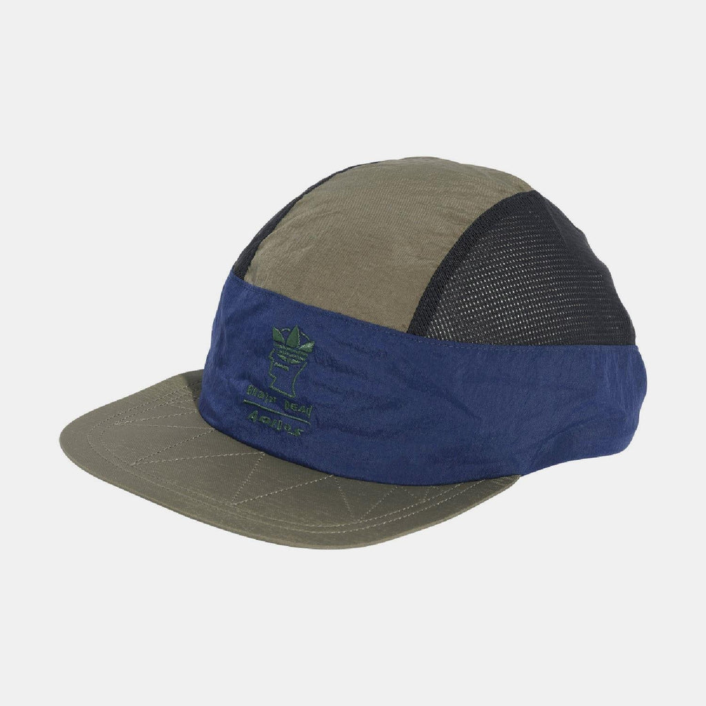 Two-tone cap with olive crown, blue band, and dark mesh side panels