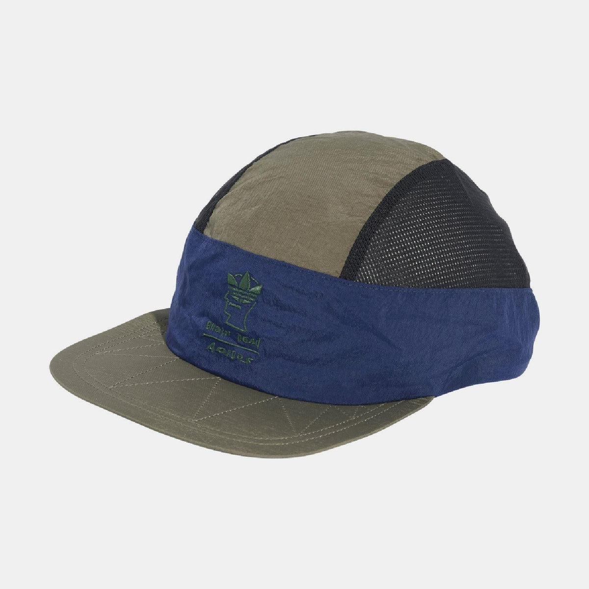 Two-tone cap with olive crown, blue band, and dark mesh side panels