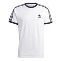 White crew-neck jersey T-shirt with adidas wordmark and navy shoulder stripe details