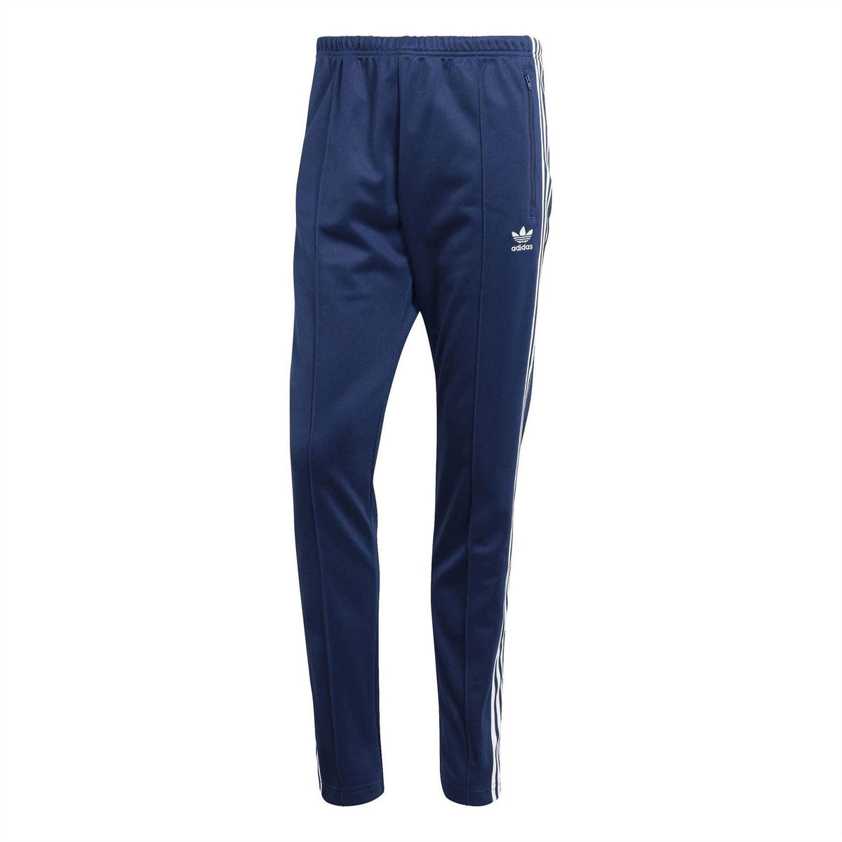 adidas track pants in dark navy with white side stripes and elastic waistband