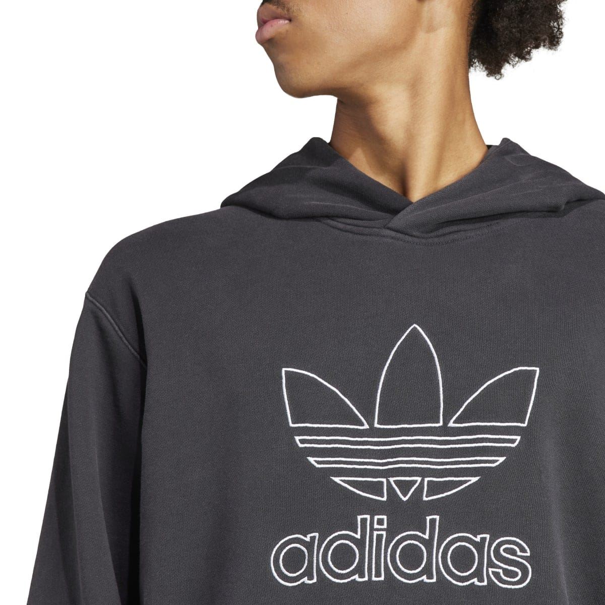 Black hoodie with large outline trefoil and adidas wordmark logo