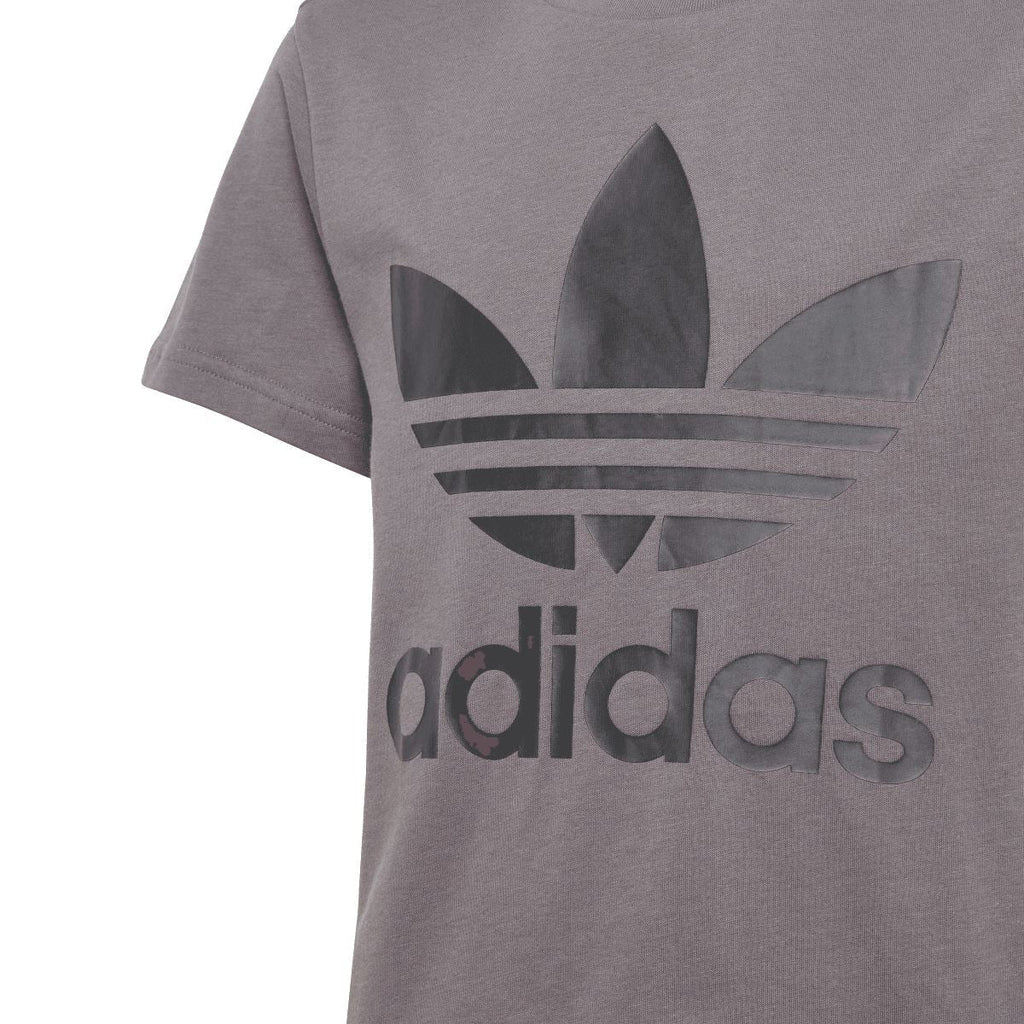 Grey adidas Trefoil graphic junior T-shirt, close-up front with logo and stripes.