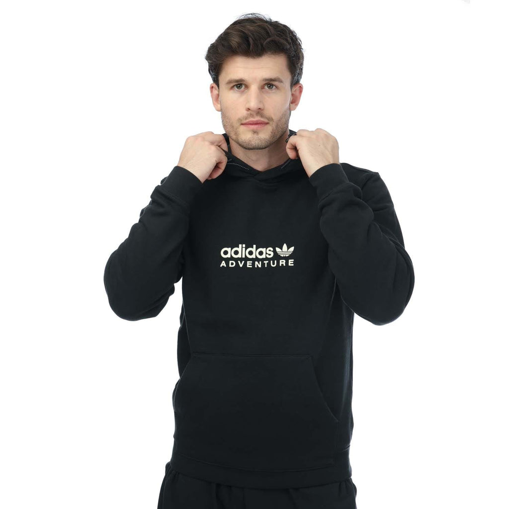 Men's black adidas Originals Adventure pullover hoodie, kangaroo pocket, drawstring hood