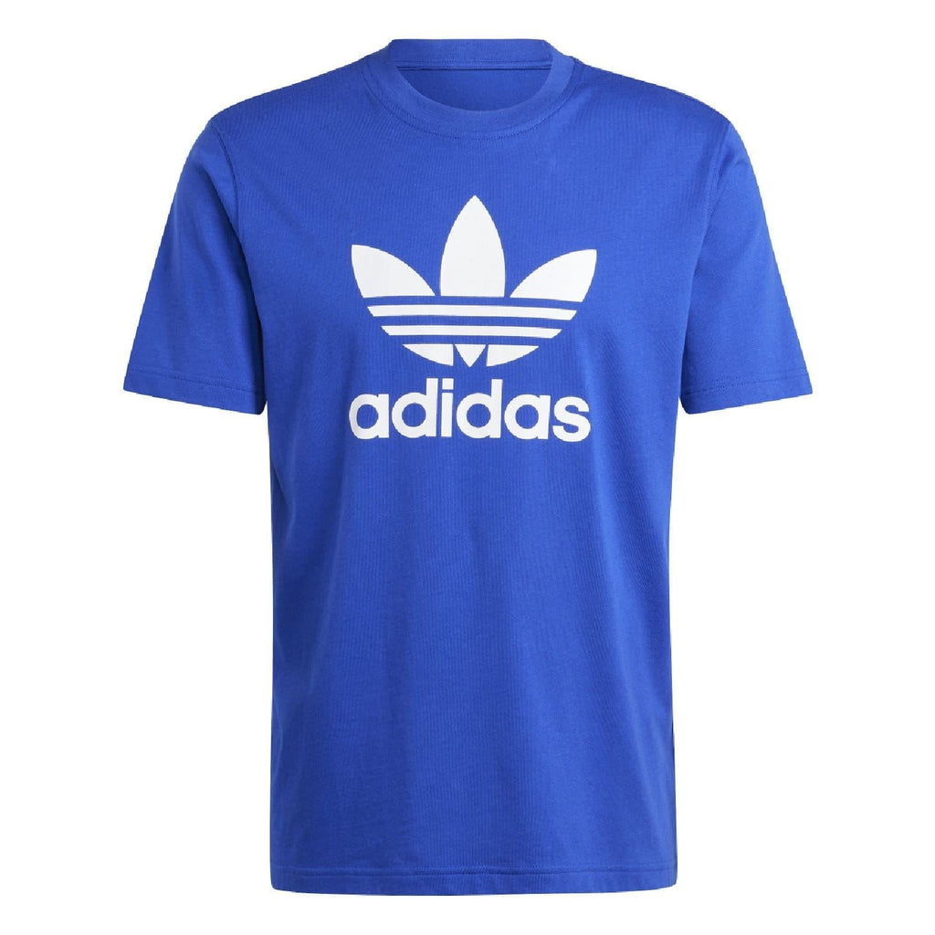 Blue crew-neck t-shirt with white adidas trefoil logo and adidas wordmark