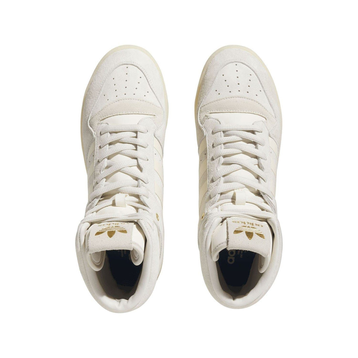 Off-white high-top sneakers shown from front with lace-up design and perforated toe