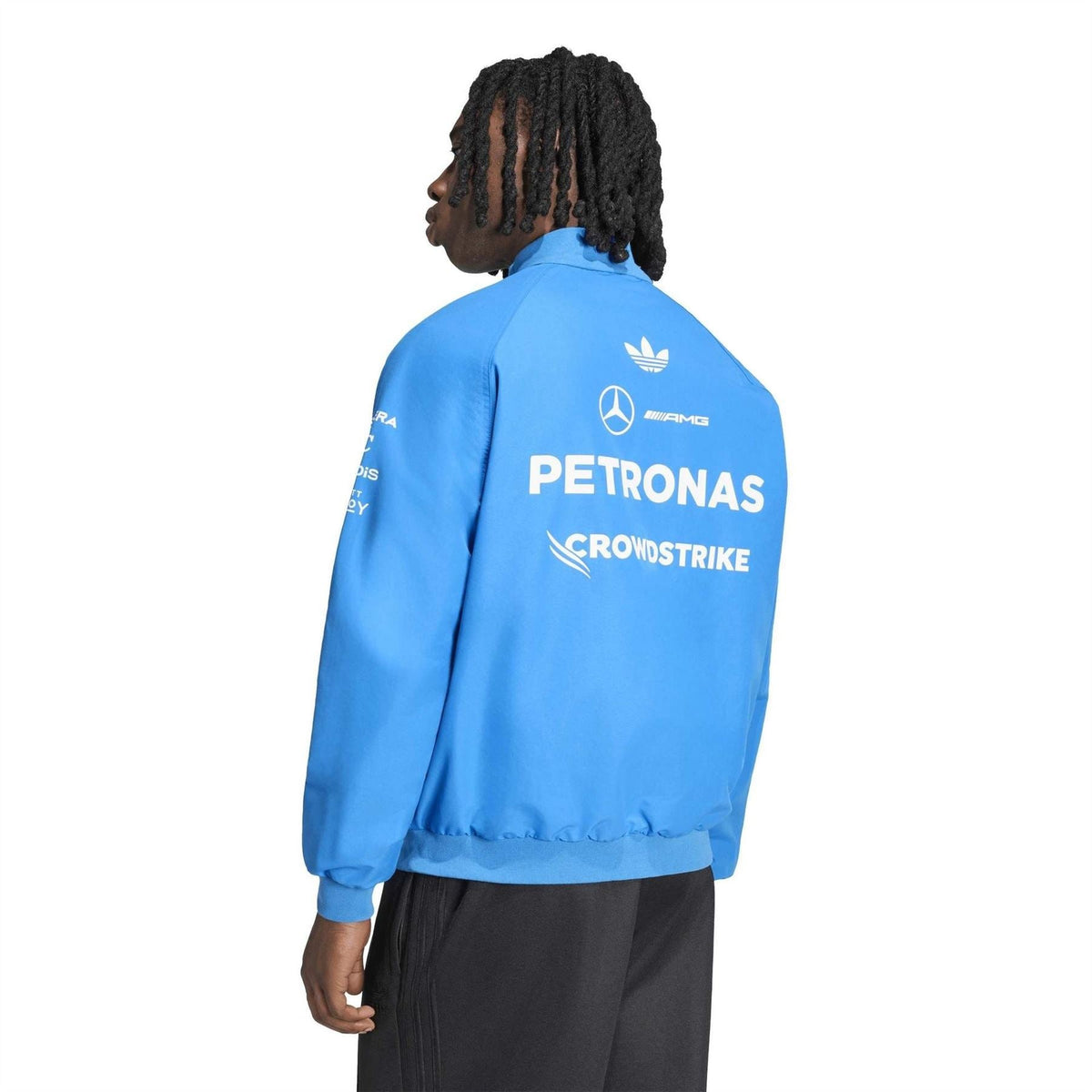 Blue back panel of zip-up Harrington jacket with large Petronas logo and icons.