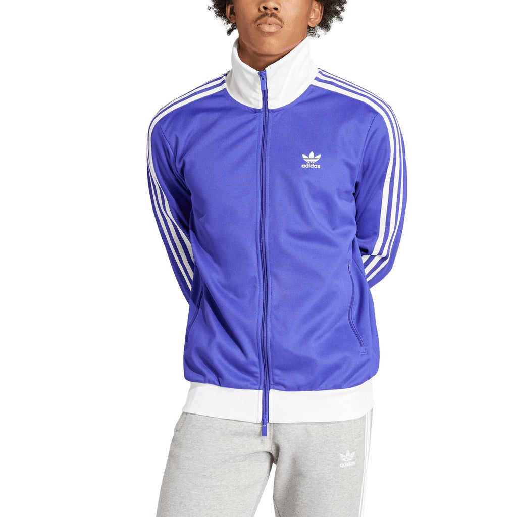 Purple adidas track top with white stripes on sleeves, full-zip front, small chest logo