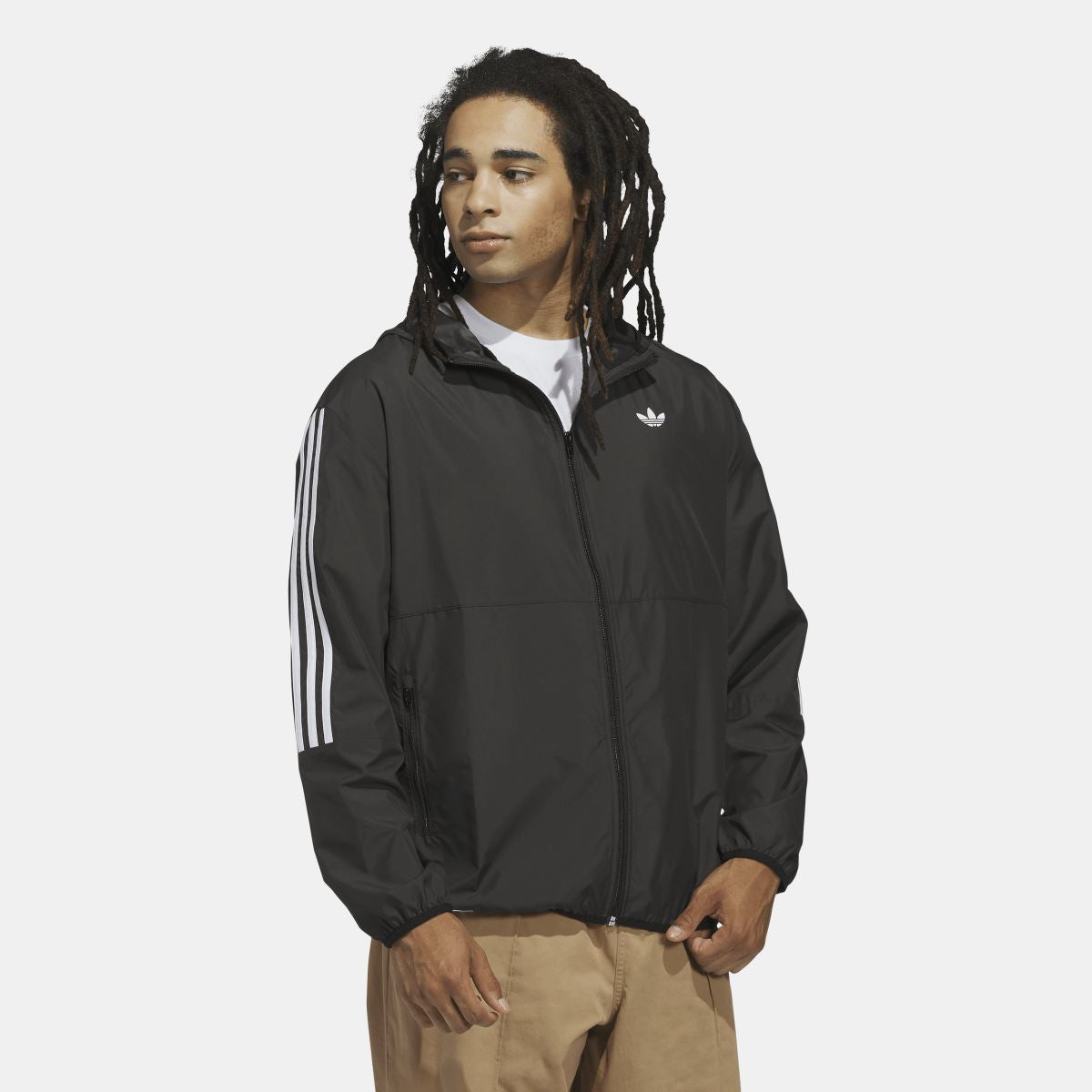 Black hooded windbreaker jacket with white three-stripe sleeve detail and zip front