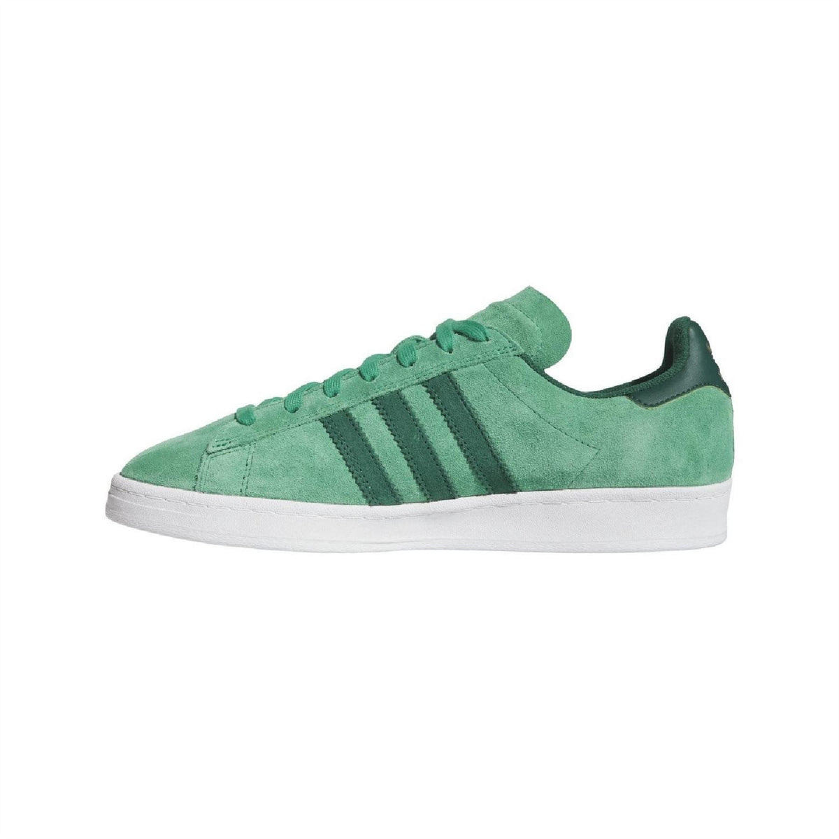 Green adidas Originals low-top trainer, front quarter view with suede upper and stripe detailing