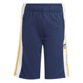 adidas Originals indigo shorts with white and yellow side stripes and elastic waistband