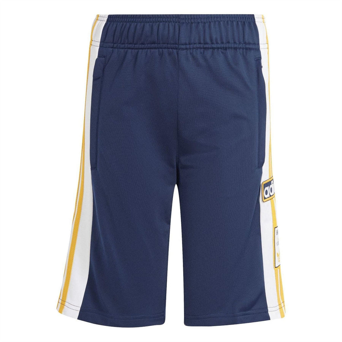 adidas Originals indigo shorts with white and yellow side stripes and elastic waistband