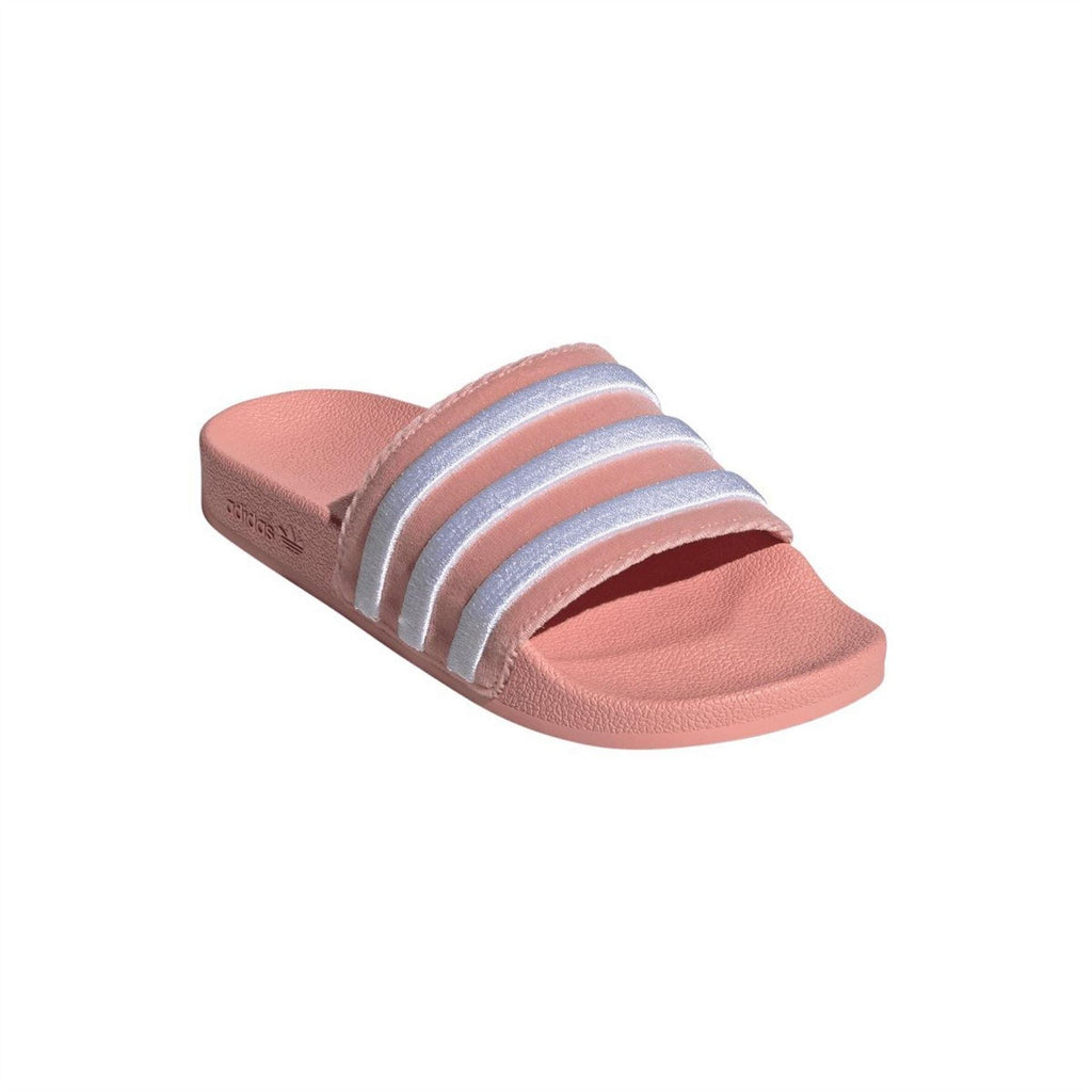Mauve adidas Adilette slide sandals angled view with white-gray stripe bands
