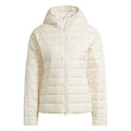 Light cream quilted hooded puffer jacket, full-length zip, slim fit, long sleeves.