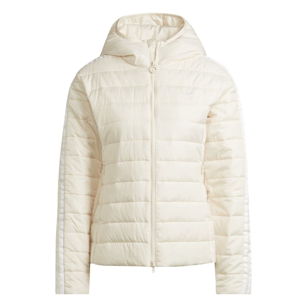 Light cream quilted hooded puffer jacket, full-length zip, slim fit, long sleeves.