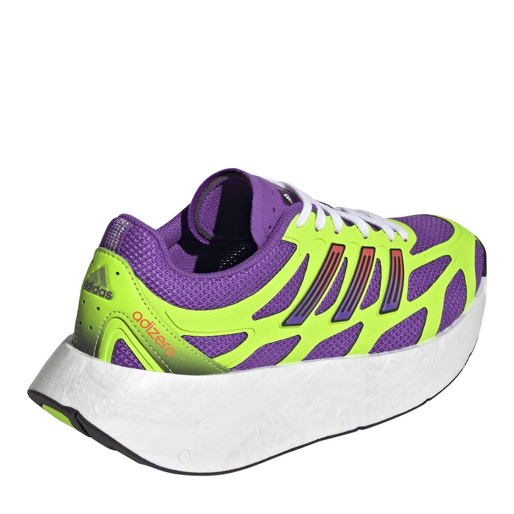Purple and neon green Adidas Originals Adizero Aruku running shoe, heel and side view