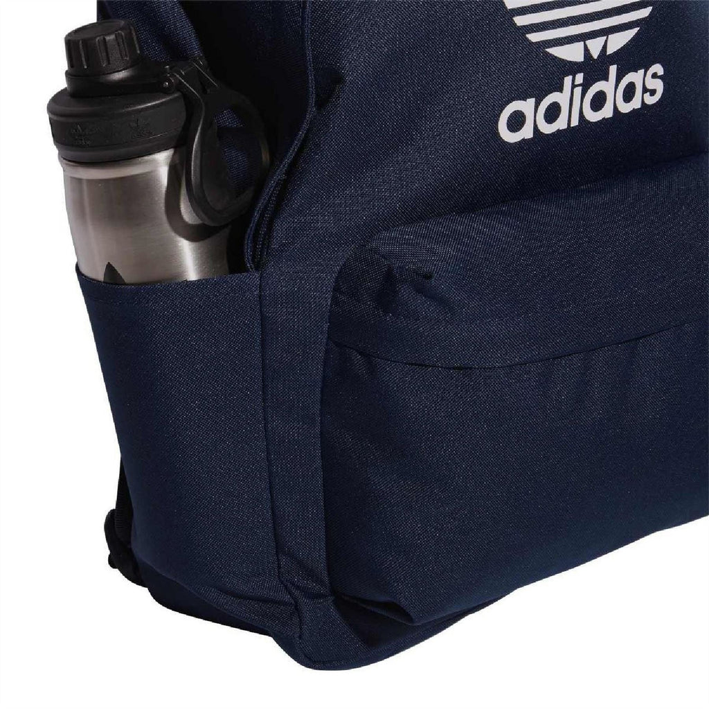 Dark indigo adidas backpack with side bottle pocket and front zip pocket