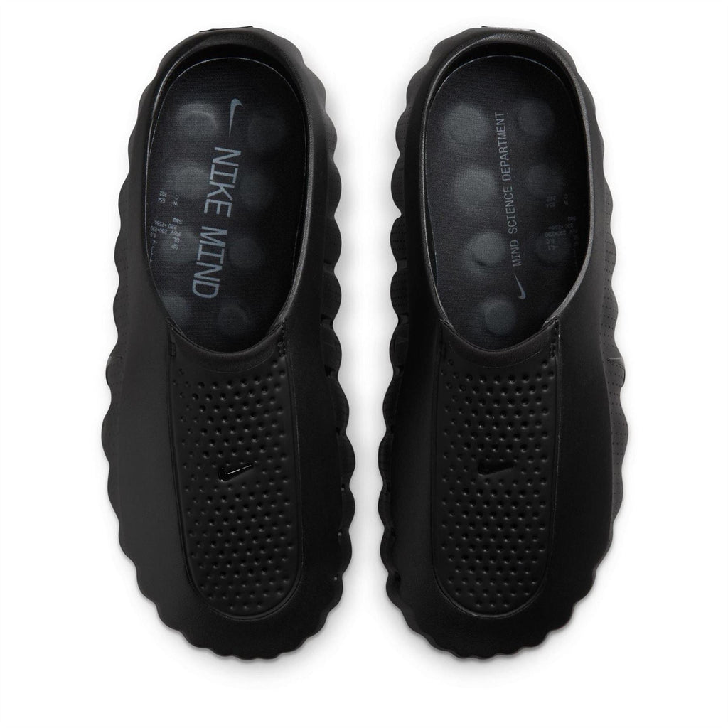 Nike Mind 001 sandals black pair showing perforated upper and interior branding