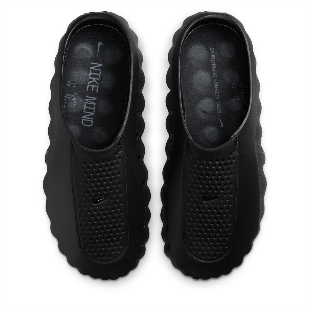 Nike Mind 001 sandals black pair showing perforated upper and interior branding