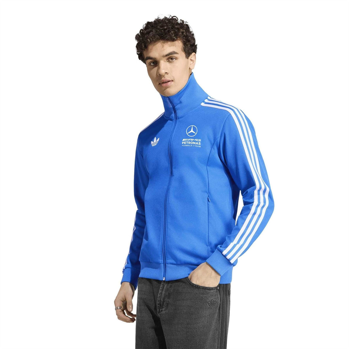 Blue track jacket with white adidas stripes on sleeves, stand collar and zip front