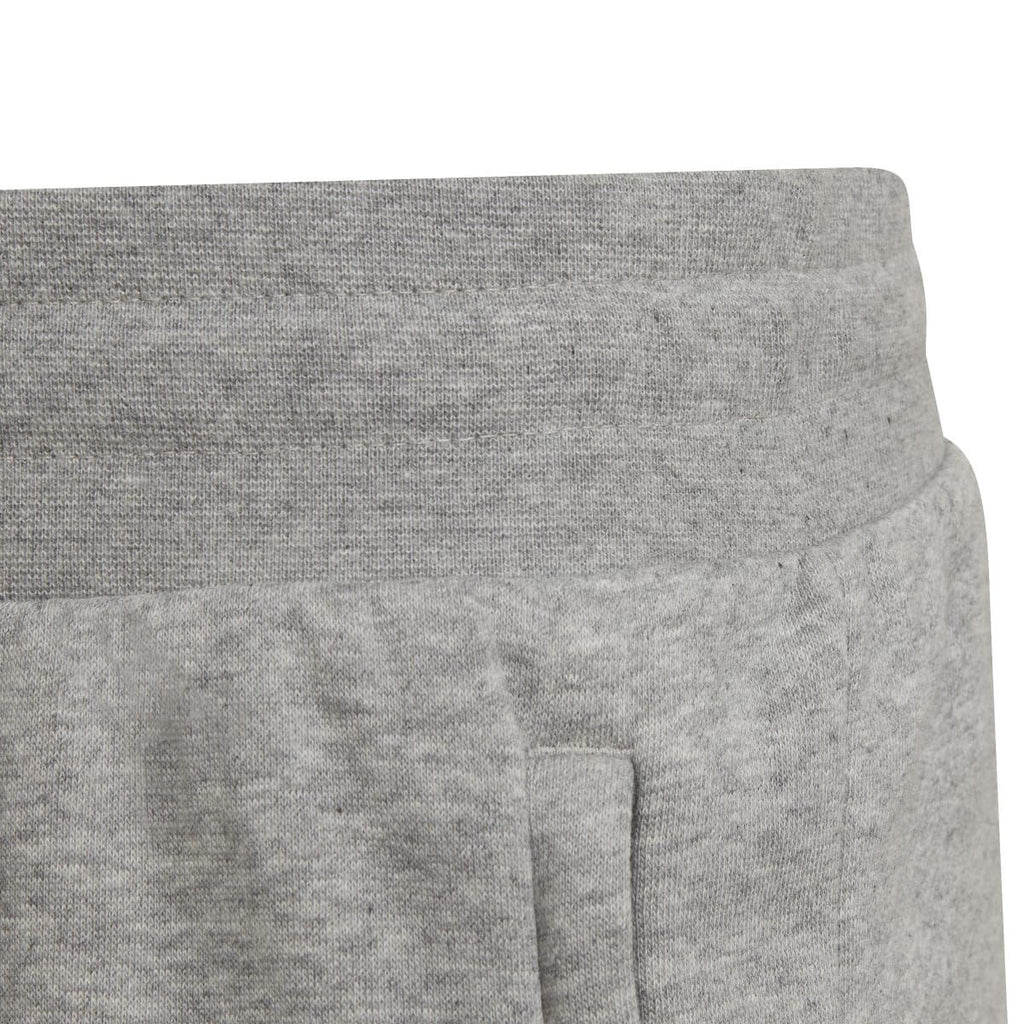 Grey junior fleece shorts showing side seam and ribbed hem cuff detail