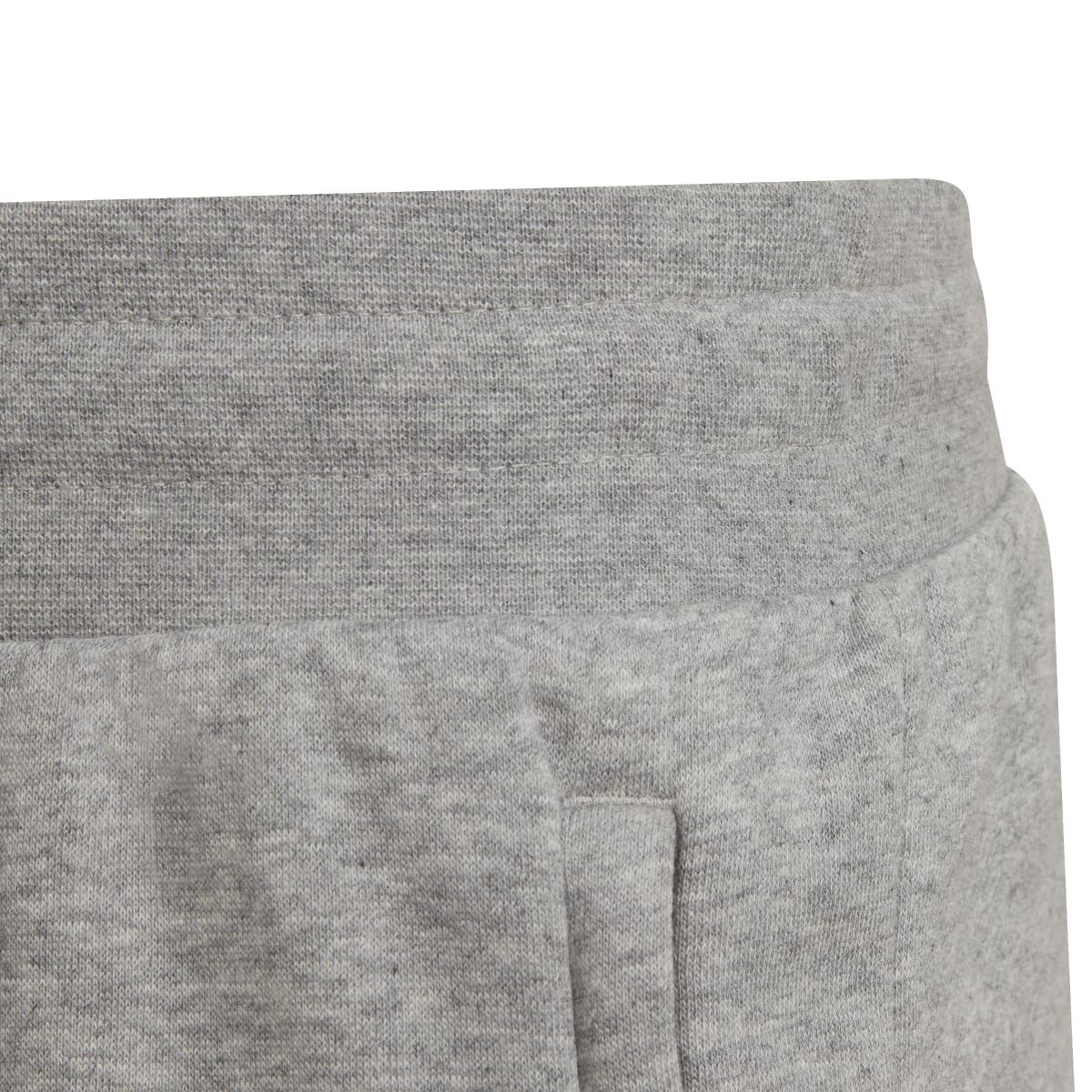 Grey junior fleece shorts showing side seam and ribbed hem cuff detail